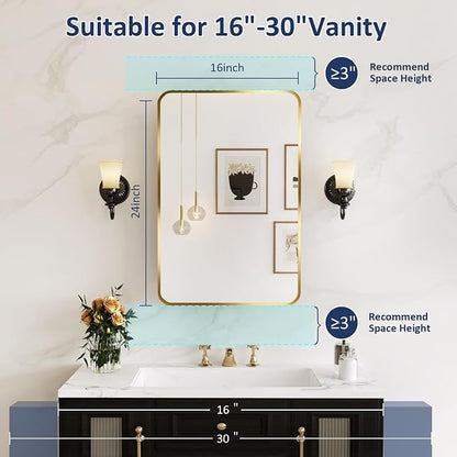 Medicine Cabinet Mirror 16x24 Inch, Gold Bathroom Mirror Cabinet with Stepless Adjustable Shelves, Stainless Steel Frame, Bathroom Mirror with Storage Recessed or Wall Mount