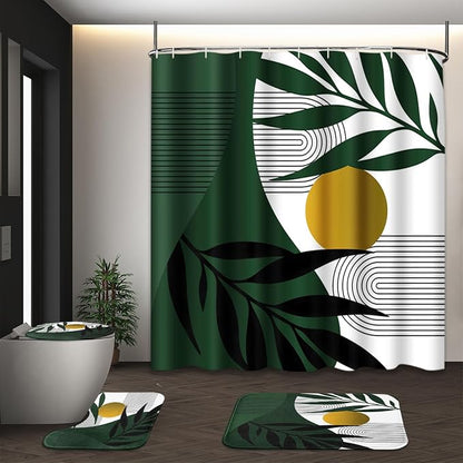 Bathroom Sets with Shower Curtain and Rugs, 4 Pcs, Boho Leaves | Minimalist Modern Abstract Bathroom Decor Set with Toilet Lid Cover, Non-Slip Bath Mats and Accessories 12 Hooks