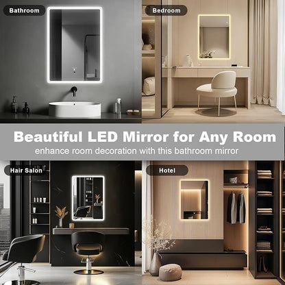 LED Bathroom Mirror, 20x28 in Vanity Mirrors with Backlit Lights for Shaving, Fogless Makeup Mirror Wall Mounted with Demister, Dimmable 3 Color Lighting, IP54, Hand Swipe, Vertically Only