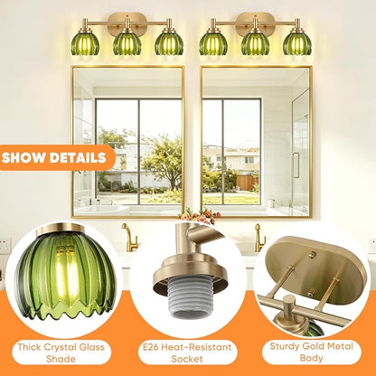 Bathroom Light Fixtures, 3-Light Brushed Gold Vanity Lights for Bathroom with Tulip Green Glass Shade, Bathroom Vanity Lighting Over Mirror, Gold Wall Lamps for Bedroom, Living Room, Hallway