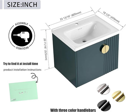 24 Inch Bathroom Vanity with Sink, 24" Floating Vanity with White Glossy Ceramic Sink, Plywood Wooden Bathroom Cabinet with Soft-Close Doors, Modern Wall Mounted Cabinet Set (Green)