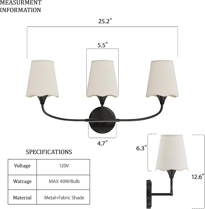 Morauroral Bathroom Light Fixtures Over Mirror, 3 Light Vanity Light for Bathroom, Black Vanity Light Fixtures with Fabric Linen Shade, E26 Socket Sconce Wall Decor(ETL Listed)