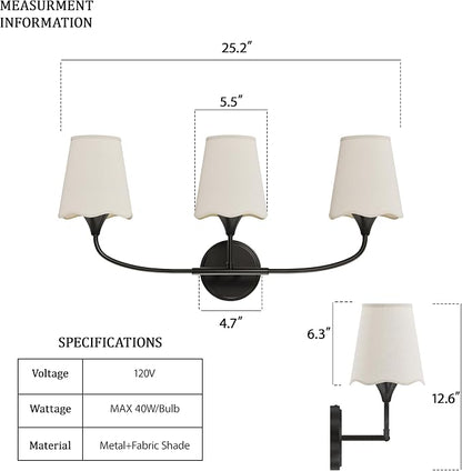 Morauroral Bathroom Light Fixtures Over Mirror, 3 Light Vanity Light for Bathroom, Black Vanity Light Fixtures with Fabric Linen Shade, E26 Socket Sconce Wall Decor(ETL Listed)