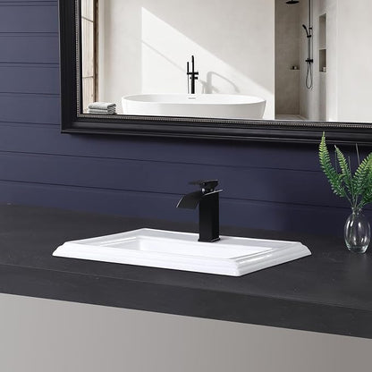 Semi Recessed Bathroom Sink 23"x18" Drop In Vessel Sink with Faucet Hole White Porcelain Ceramic Modern Rectangular Sinks Basin Vanity Sinks with Overflow for Bathrooms