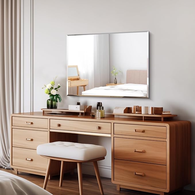CILIBER Beveled Mirror, 24x30 Frameless Beveled Bathroom Mirrors for Wall, 3mm Tempered Glass Rectangle Vanity Mirror with Beveled Edge, Crystal-Clear, Hangs Horizontally or Vertically