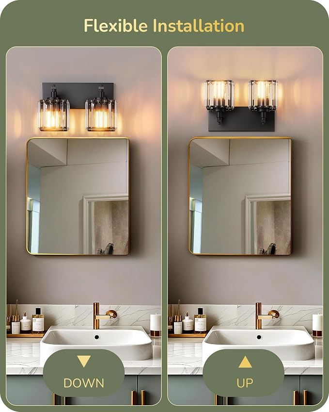 EDISHINE 2-Light Black Bathroom Vanity Light, Crystal Sconce Over Mirror | Up/Down Reversible, Black Frame, Modern for Bath, Powder Room, E26 Base