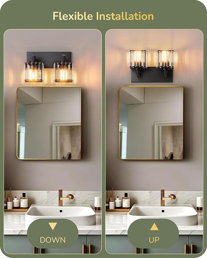EDISHINE 2-Light Black Bathroom Vanity Light, Crystal Sconce Over Mirror | Up/Down Reversible, Black Frame, Modern for Bath, Powder Room, E26 Base
