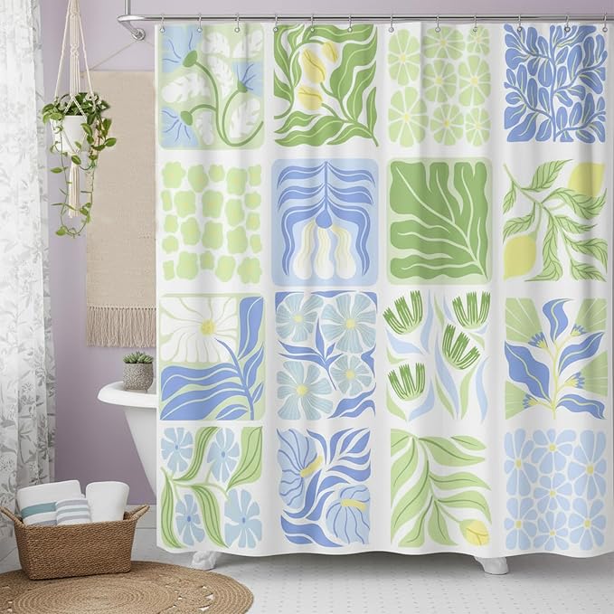 JAWO Blue Cute Boho Floral Shower Curtain, Colorful Abstract Floral Retro Aesthetic Shower Curtain for Bathroom, Funky Unique Waterproof Fabric Polyester Bath Curtains Decor with Hooks,70Wx78H