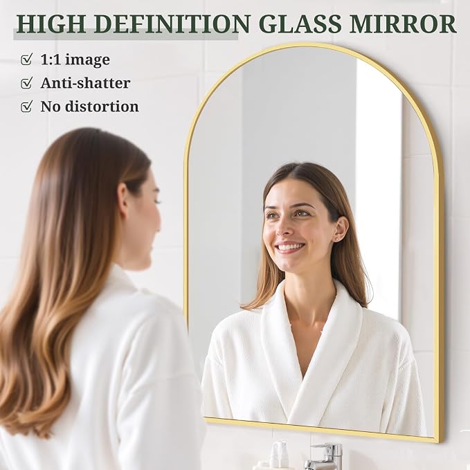 Arched Wall Mirror 38x26 Inch Gold Bathroom Vanity Mirror with Metal Frame | Modern Arch Mirror for Bedroom, Living Room, Entryway, Wall Mounted Decorative Mirror