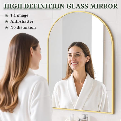Arched Wall Mirror 38x26 Inch Gold Bathroom Vanity Mirror with Metal Frame | Modern Arch Mirror for Bedroom, Living Room, Entryway, Wall Mounted Decorative Mirror