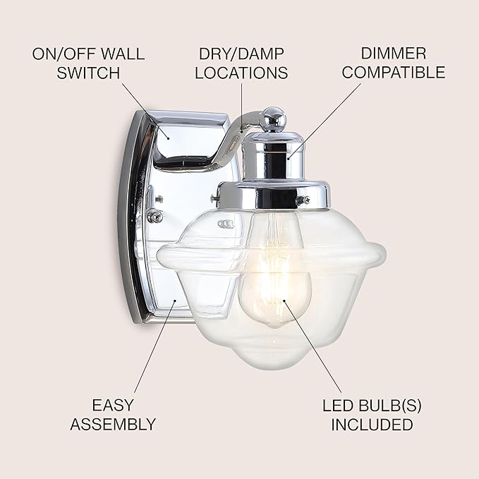 JONATHAN Y 7" Chrome 1-Light Schoolhouse LED Vanity Light, Mid-Century Wall Sconce for Bathroom Kitchen Hallway, Clear Glass Shade, 2700K LED Bulb Included JYL3530A