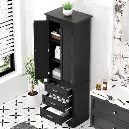Merax 70" Pantry Cabinet with Two Doors & Three Drawer, Adjustable Shelves Storage Cupboard for Kitchen/Dining Room/Bathroom, Black