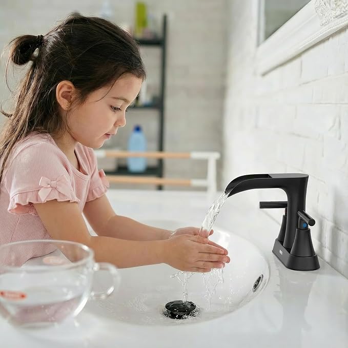 Waterfall Bathroom Faucets 3 Hole, HURRAN 4 Inch Centerset Bathroom Sink Faucet with Pop-up Drain, Stainless Steel 2 Handle Modern Sink Faucet Mixer Tap for Vanity RV Restroom Basin, Matte Black