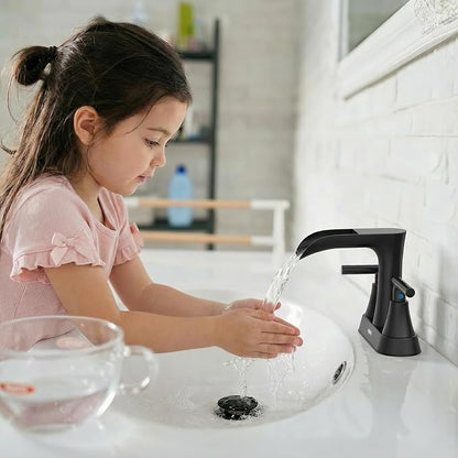 Waterfall Bathroom Faucets 3 Hole, HURRAN 4 Inch Centerset Bathroom Sink Faucet with Pop-up Drain, Stainless Steel 2 Handle Modern Sink Faucet Mixer Tap for Vanity RV Restroom Basin, Matte Black