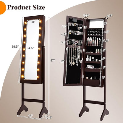 Jewelry Armoire with 18 LED Lights, Freestanding Jewelry Organizer with Full-length Mirror, Large Storage Mirrored Jewelry Cabinet with 16 Lipstick Holders, for Bedroom, Dressing Room (Brown)
