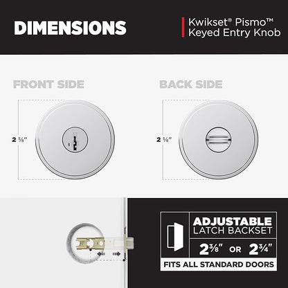 Kwikset Pismo Entry Door Knob with Lock and Key, Secure Keyed Handle Exterior Doorknob, Front Entrance and Bedroom, Polished Chrome, Pick Resistant SmartKey Rekey Security