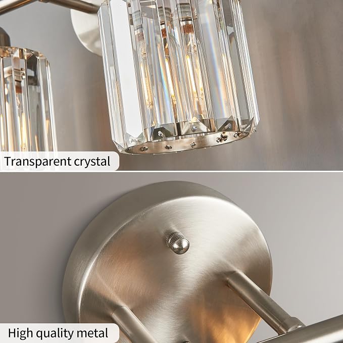 Modern 2 Light Crystal Vanity Light, Brushed Nickel Vertical Bathroom Light Fixture Over Mirror for Dressing Table Sink, Compatible with Dimmable Bulbs (Bulbs Not Included)