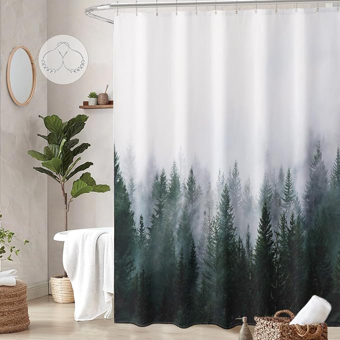 ORTIGIA Dark Green Misty Forest Heavy Duty Shower Curtain for Bathroom, Nature Woodland Shower Curtain Set with Hooks, Decorative Pine Tree Fog Magic Bath Curtain for Home, 70x72