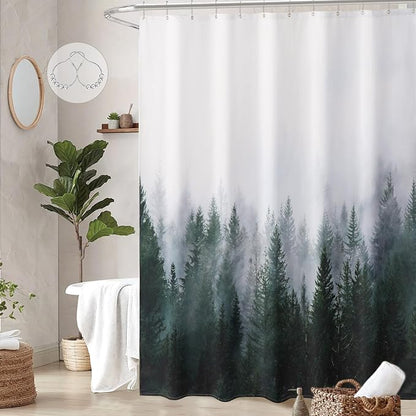 ORTIGIA Dark Green Misty Forest Heavy Duty Shower Curtain for Bathroom, Nature Woodland Shower Curtain Set with Hooks, Decorative Pine Tree Fog Magic Bath Curtain for Home, 70x72