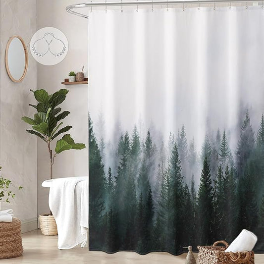 ORTIGIA Dark Green Misty Forest Heavy Duty Shower Curtain for Bathroom, Nature Woodland Shower Curtain Set with Hooks, Decorative Pine Tree Fog Magic Bath Curtain for Home, 70x72