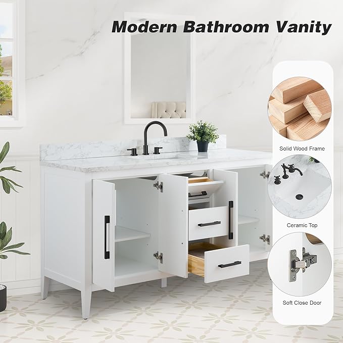 HomeBeyond 60 Inch Bathroom Vanity with Sink & Ceramic Top, Single Vanity Cabinet with Basin, Soft-Closing Doors & Matte Black Hardware, White