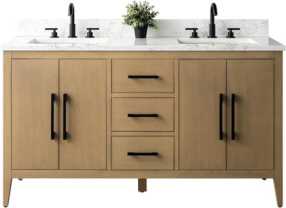 HomeBeyond 60 Inch Bathroom Vanity with Sink & Ceramic Top, Double Vanity Cabinet with Basin, Soft-Closing Doors & Matte Black Hardware, Natural Oak