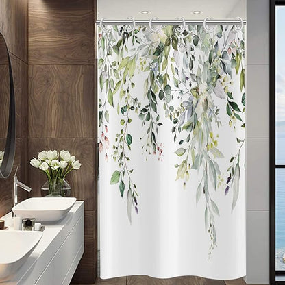 Eucalyptus Shower Curtain, Watercolor Green Leaves on The Top Plant with Floral Bathroom Curtain Bathtub Home Decor Waterproof Fabric Machine Washable with 12 Hooks, 72''Lx48''W, GCI-7426