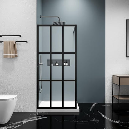 34x72 Matte Black Walk-In Shower Screen, 1/4" Tempered Glass with Frame | Metal Finish Grid Pattern, Aluminum Alloy Frame, Stainless Steel System, Reversible Installation, Easy to Assemble, No Base