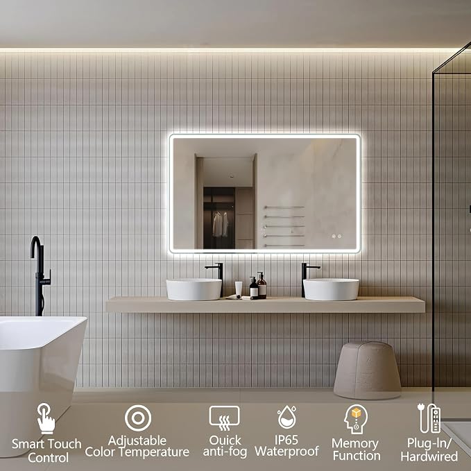 Niccy Rectangle LED Bathroom Mirrors, Vanity Mirror with Lights, 30"x48" | Frameless Lighted Mirror for Bedroom Living Room, 3 Colors & Stepless Dimmable Anti-Fog Memory Function, Horizontal/Vertical