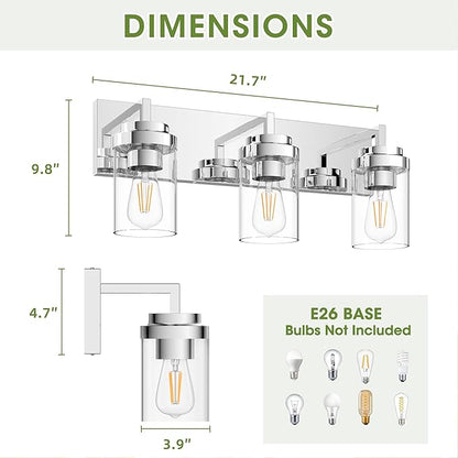 Espird Chrome Light Fixtures, 3 Light Bathroom Vanity Light with Clear Glass Shade, 22in Modern Vanity Light, Bathroom Lighting Fixtures Over Mirror for Living Room