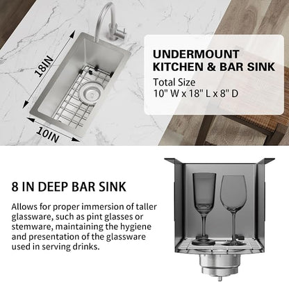 10x18In Stainless Steel Kitchen And Bar Sink, Undermount, Single Bowl | Small Kitchen And Bar Sink Set, Include SS Grid,Silicone Mat And Drain Assembly, Ideal Choice For Small Space