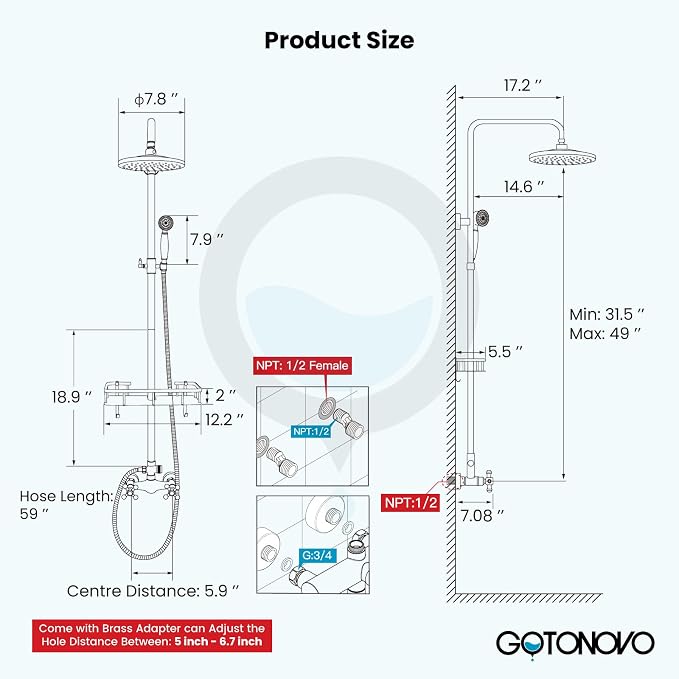 gotonovo Exposed Shower System with Shelf 2 Cross Handle Polished Chrome | Bathroom Brass Shower Faucet Set,8’’ Rainfall Head with Handheld Sprayer,SUS304 Shelf,6’’ Hole Distance,Adjustable Height