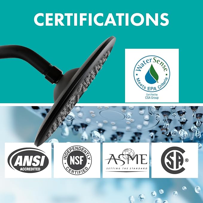 Niagara Conservation N9517MB Rainfall Spa 1-Spray with 1.75 GPM 8-in. Wall Mount Adjustable Fixed Shower Head in Matte Black, 1-Pack | Bathroom Shower Head Sprayer with Pressure Compensation
