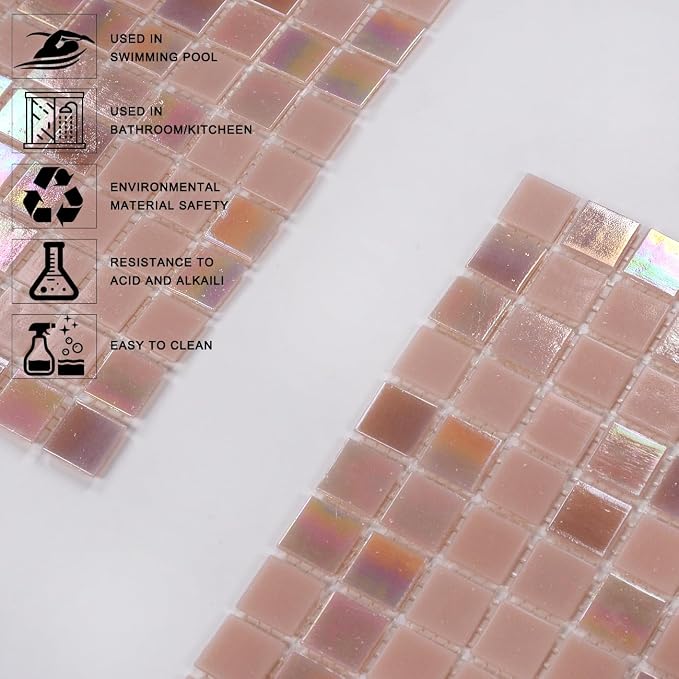 11.5sq.ft Pink Mosaic Glass Mosaic Tile for Bathroom, Pool, Backsplash | Waterproof Wall & Floor Tile. Heat & frost resistant outdoors, steam Areas, Fireplace, Restaurants, Hotels, Laundry, 10pcs.