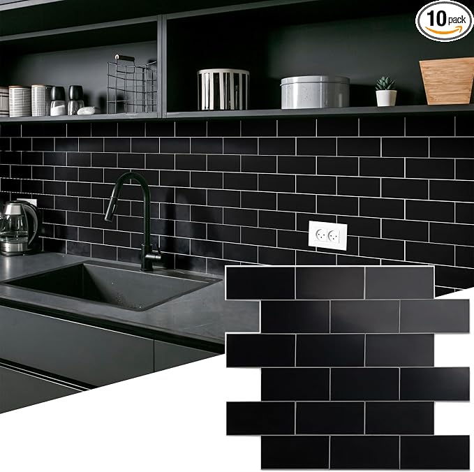 2026 New Upgrade Peel and Stick Backsplash Tile, Peel and Stick 11.34" X 11.57" Wall Tile for Kitchen, Bathroom, Fireplace, Laundry (Black, 10 Packs)