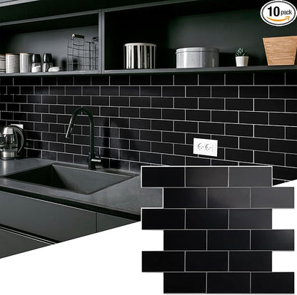 2026 New Upgrade Peel and Stick Backsplash Tile, Peel and Stick 11.34" X 11.57" Wall Tile for Kitchen, Bathroom, Fireplace, Laundry (Black, 10 Packs)
