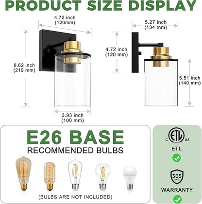 DORESshop Wall Sconces Set of 2 for Bathroom, Modern Vanity Light Fixtures with Clear Glass Shade, Black and Gold Wall Mount Lighting Lanterns for Bedroom Living Room Mirror Hallway Kitchen
