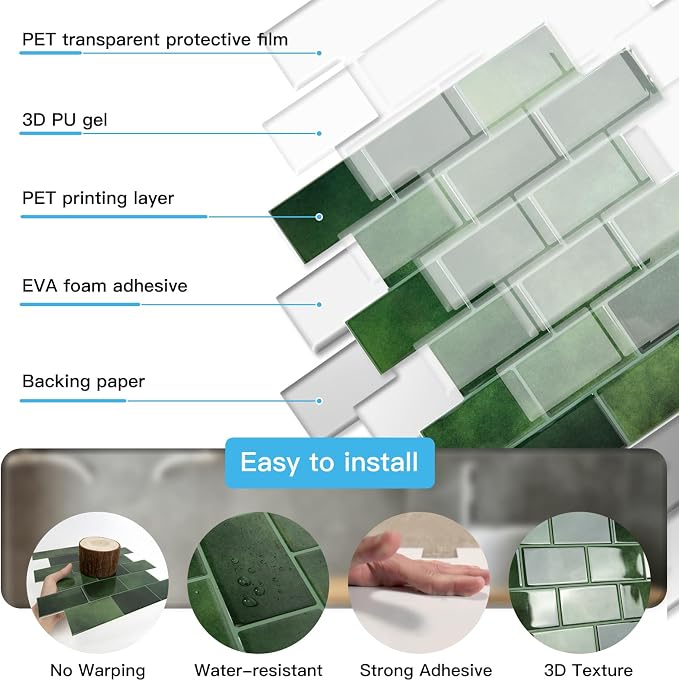Art3d 10-Pack Subway Tiles Peel and Stick Backsplash, Green, 12 x 12 Inch | Thickened Design, No Warping, Durable, Self-Adhesive, Sturdy, for Kitchen, Bedroom, Ideal for New Home Buyers, Future Movers
