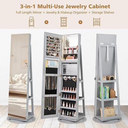 CHARMAID 360° Swivel Jewelry Armoire with Full Length Mirror, Rear Storage Shelves, Lockable Standing Jewelry Cabinet Organizer with Interior Vanity Mirror and 3-Color Lights (Gray)