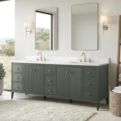 Vanity Art 84 inch Bathroom Vanity with Double Sink & Ceramic Top, Vanity Cabinet with Soft-Closing Door, Solid Wood Frame, Linear Pattern, Walnut, Golden Brushed Handware,Vintage Green