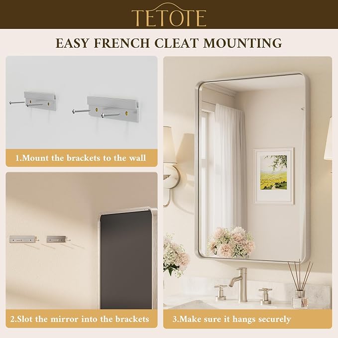 Brushed Nickel Bathroom Mirror 16 x 24 Inch for Vanity Metal Framed Mirror Modern Farmhouse for Living Room Entryway(Horizontal/Vertical)