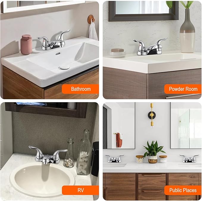 Bathroom Sink Faucets 2/3 Hole,Chrome Plating Dual Handles 4 inch Plastic Plating Over Bathroom Faucet with Pop-up Drain and 2 Supply Hoses for Apartment Rvs Sink Vanity