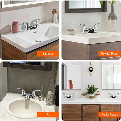 Bathroom Sink Faucets 2/3 Hole,Chrome Plating Dual Handles 4 inch Plastic Plating Over Bathroom Faucet with Pop-up Drain and 2 Supply Hoses for Apartment Rvs Sink Vanity