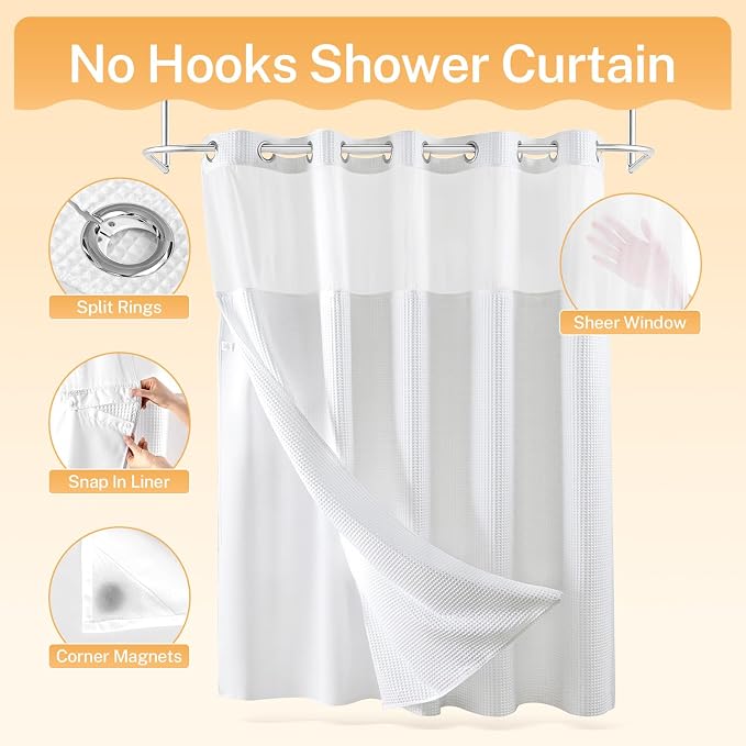 River Dream Cotton Blend Fabric Shower Curtain Set with Liner, White, 71x86 | Waffle Weave, No Hook Needed, with Snap in Replacement Liner, Top Sheer Window, Hotel Quality for Bathroom, Extra Long