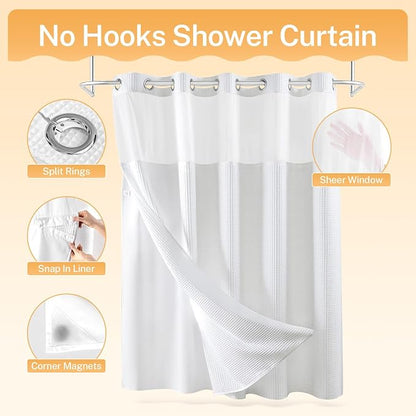 River Dream Cotton Blend Fabric Shower Curtain Set with Liner, White, 71x86 | Waffle Weave, No Hook Needed, with Snap in Replacement Liner, Top Sheer Window, Hotel Quality for Bathroom, Extra Long
