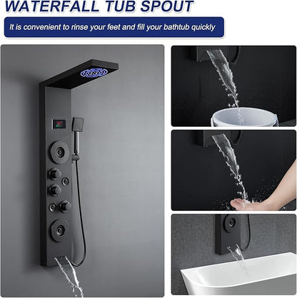 ROVATE LED Shower Panel Tower System with Rainfall Mist Shower Head, Matte Black 6-in-1 Shower Tower with Jets and Handheld and Digital Temperature Display, High Pressure Shower Column with Tub Spout