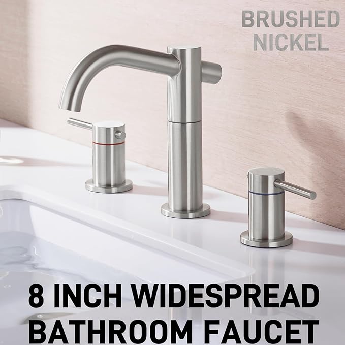 8" Widespread Brushed Nickel Bathroom Faucet | 2-Handle 3-Hole Brass Sink Faucet with 360° Swivel Spout, Metal Drain & DOE 2.2GPM (cUPC Waterline)