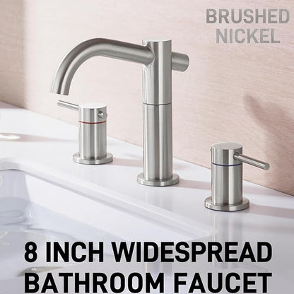 8" Widespread Brushed Nickel Bathroom Faucet | 2-Handle 3-Hole Brass Sink Faucet with 360° Swivel Spout, Metal Drain & DOE 2.2GPM (cUPC Waterline)