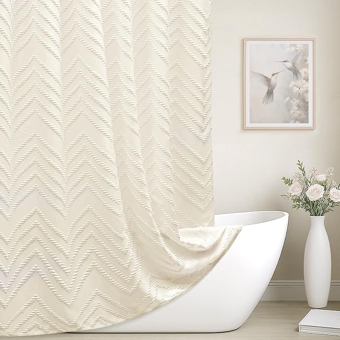 Cream Shower Curtain Boho Farmhouse Shower Curtain 72”W x 72”L Tufted Chevron Textured Minimalist Shower Curtains for Bathroom