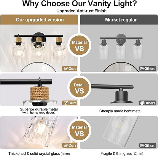 Bathroom Light Fixtures, 3-Light Coastal Vanity Lights with Crystal Glass Shade, Black Bathroom Wall Lamp for Mirror Kitchen Hallway Cabinet